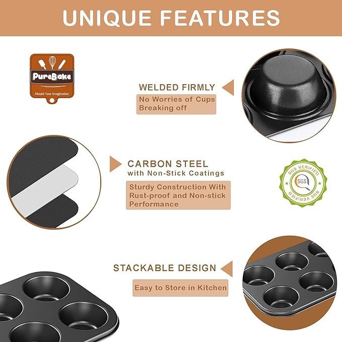 Pack of 3 - Round Shape Cake Pan 6" - Bread Loaf Pan 6" And 6 Slot Cup Cake Muffin Tray - Cake Baking and Decoration Tools - Black Carbon Steel - Non stick Mold