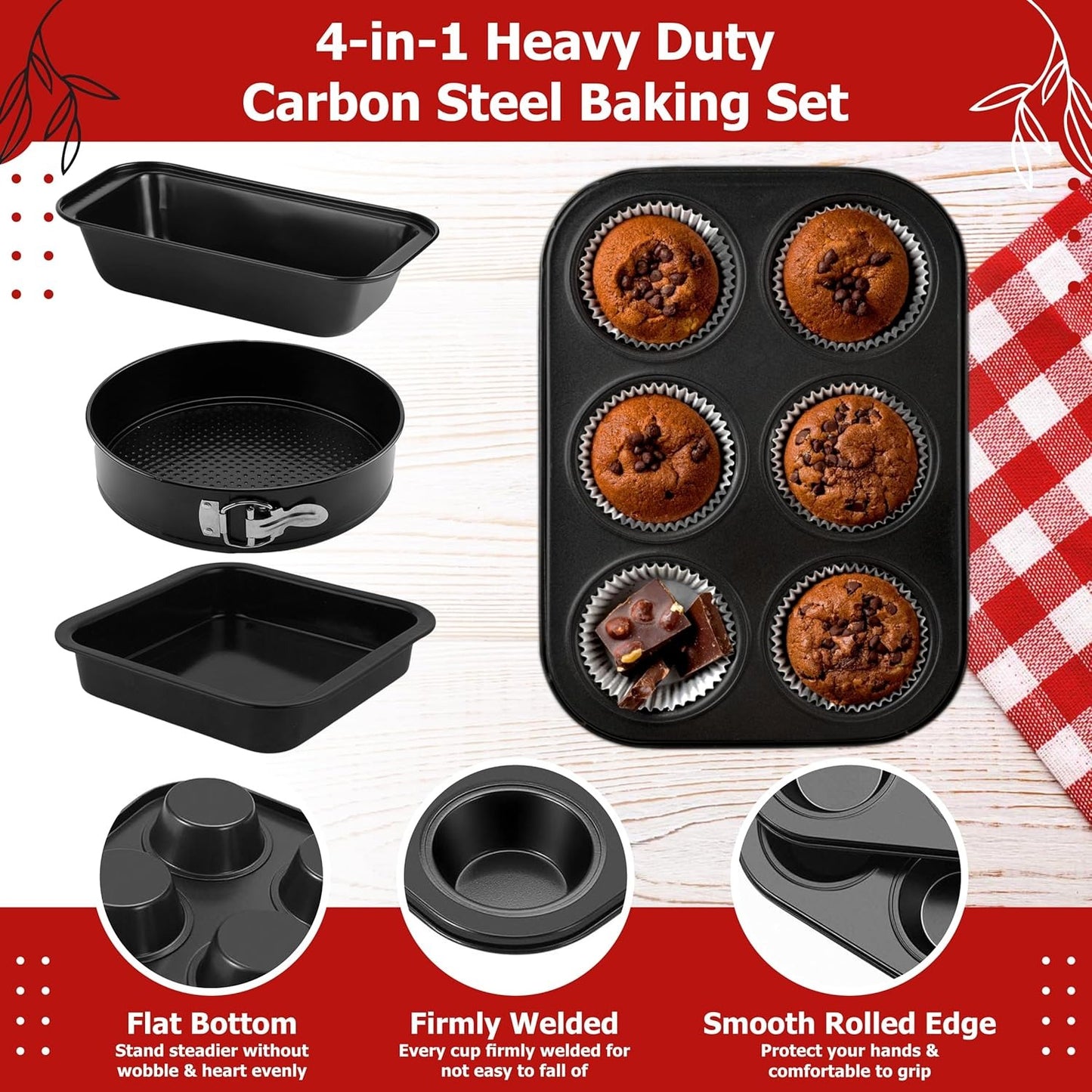 4 in 1 Cake Pan / Mold Baking Deal - Non-Stick Baking Set | Includes Muffin Tray 6 Cup - 7x7 Inch Square Baking Tray, 6 Inch Bread Mold - 18cm Round Cake Mold