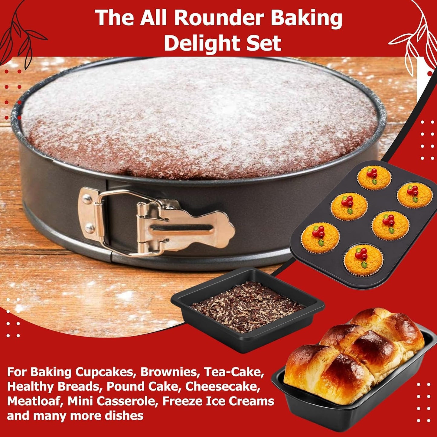 4 in 1 Cake Pan / Mold Baking Deal - Non-Stick Baking Set | Includes Muffin Tray 6 Cup - 7x7 Inch Square Baking Tray, 6 Inch Bread Mold - 18cm Round Cake Mold