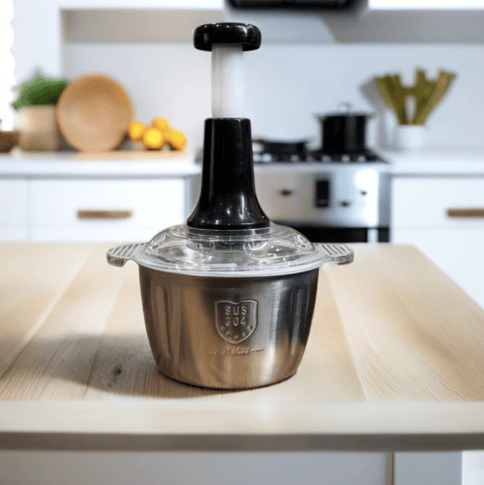 Multifunctional Manual Stainless Steel Bowl Hand Push Chopper with 4 Curved Stainless Steel Blades For Vegetables & Meat 2L