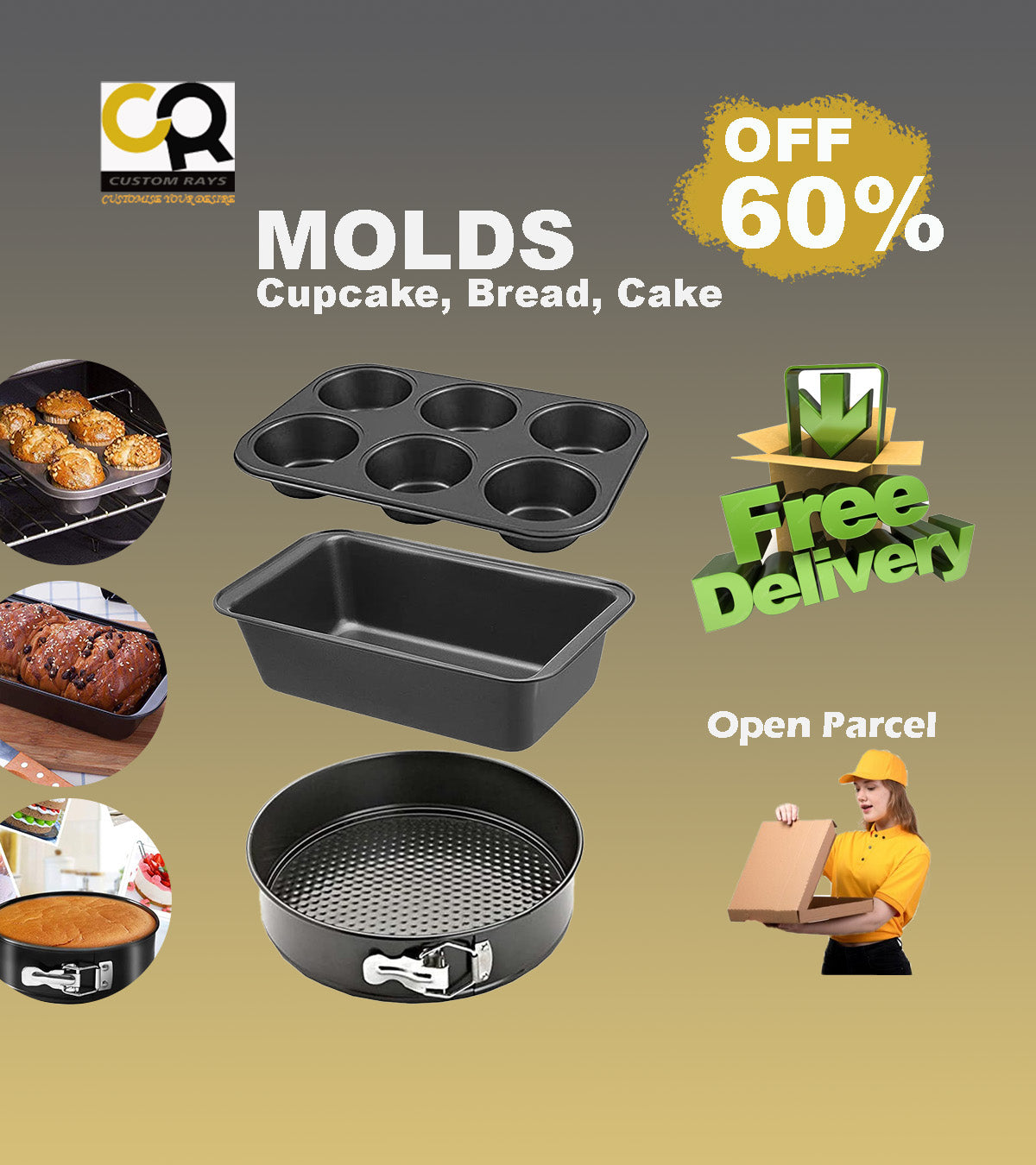 Pack of 3 - Baking Molds - Round Shape Cake Pan 6" - Bread Loaf Pan 6" And 6 Slot Cup Cake Muffin Tray - Cake Baking and Decoration Tools - Black Carbon Steel - Non stick Mold