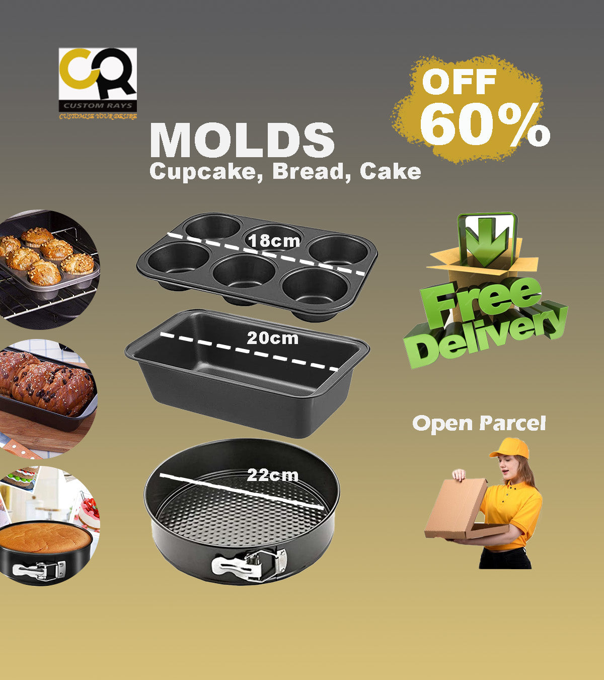 3 Pcs Different Mold - 6" Cupcake, 8" Bread and 8" Cake Mold - Non-Stick - Oven Base - Echo Friendly