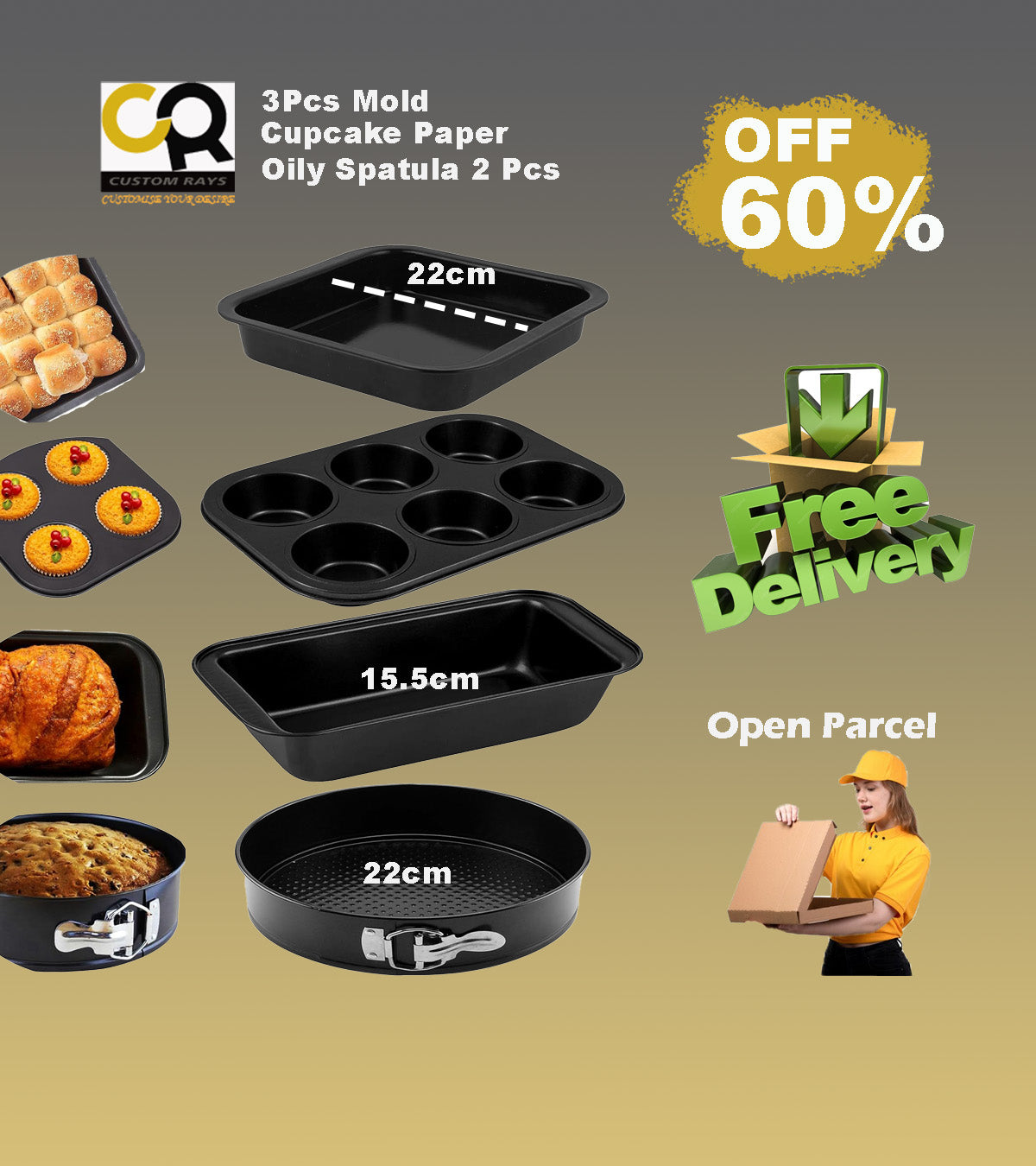 4 in 1 Cake Pan / Mold Baking Deal - Non-Stick Baking Set | Includes Muffin Tray 6 Cup - 7x7 Inch Square Baking Tray, 6 Inch Bread Mold - 18cm Round Cake Mold