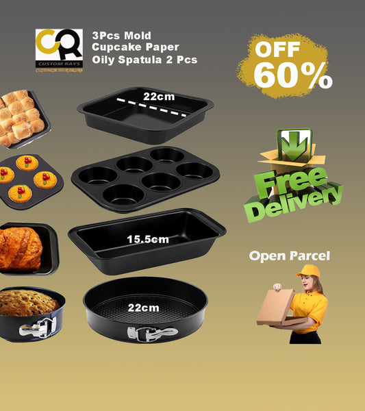 4 in 1 Cake Pan / Mold Baking Deal - Non-Stick Baking Set | Includes Muffin Tray 6 Cup - 7x7 Inch Square Baking Tray, 6 Inch Bread Mold - 18cm Round Cake Mold