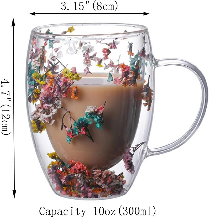 Dried Flower Filling Double Wall Glass Cup Resistant Handle Coffee Tea Milk Cup Mug Gift