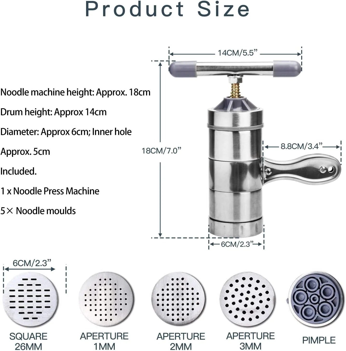 Stainless Steel Manual Noodles Press Pasta Maker with 5 Noodle Mold