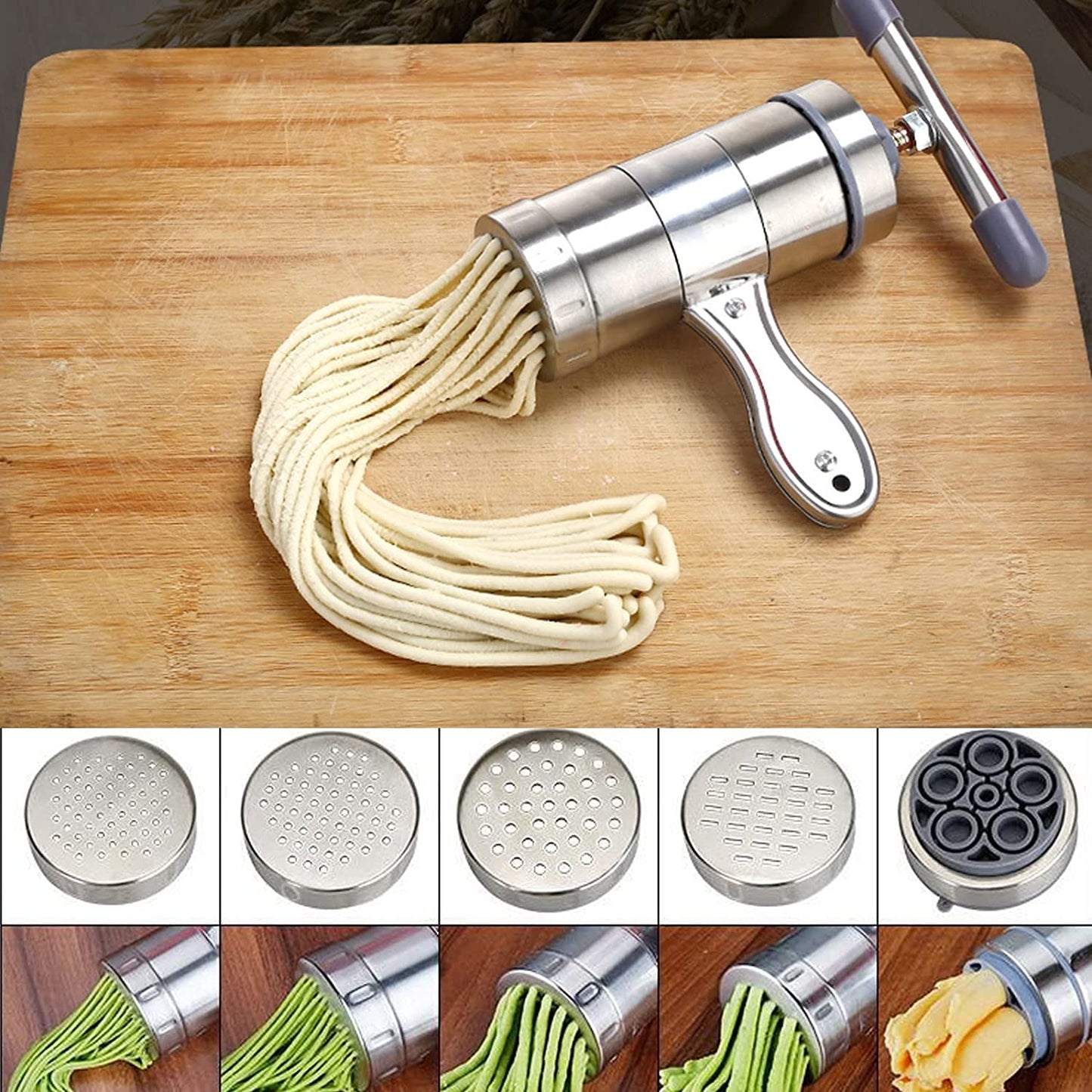 Stainless Steel Manual Noodles Press Pasta Maker with 5 Noodle Mold