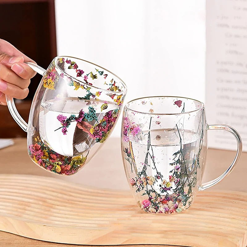 Dried Flower Filling Double Wall Glass Cup Resistant Handle Coffee Tea Milk Cup Mug Gift