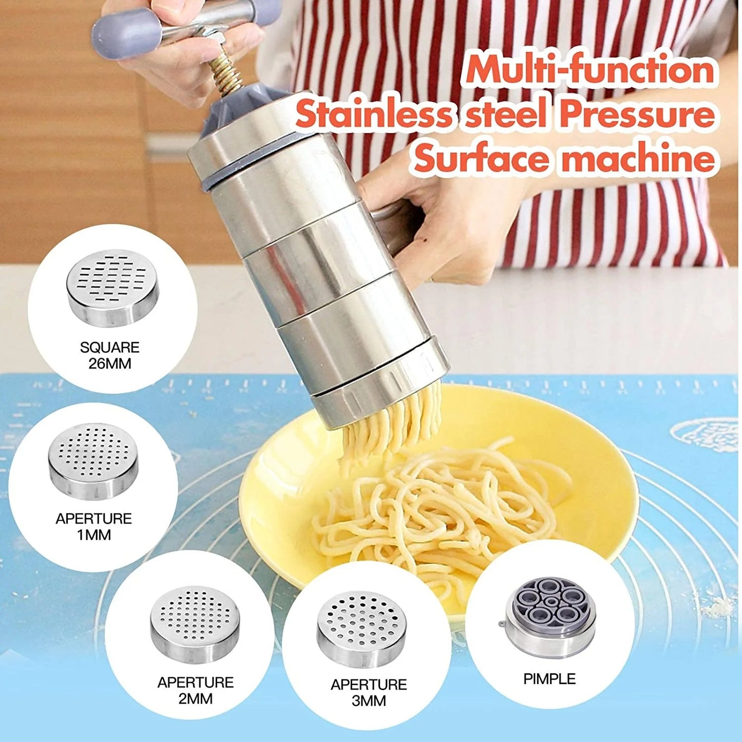 Stainless Steel Manual Noodles Press Pasta Maker with 5 Noodle Mold