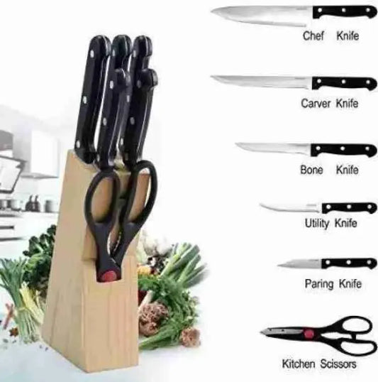 7 Pcs Kitchen Knife Set - 5 Knife + 1 Scissor + 1 Wooden Carrier