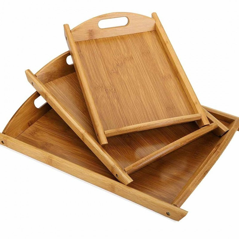 Bamboo Wooden Serving Tray Set (3 Pieces) with Handles – Multipurpose, Different Sizes