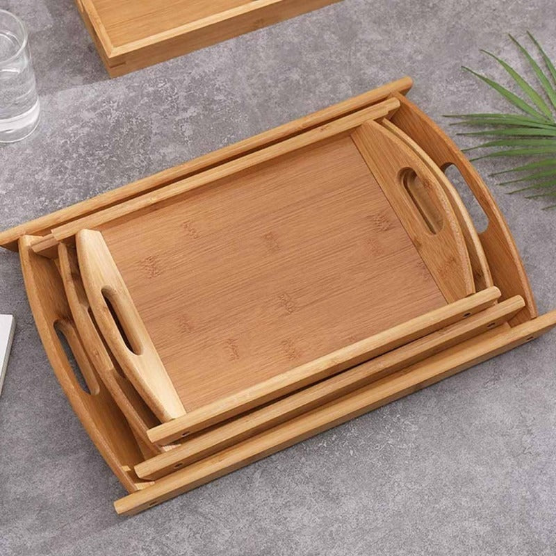 Bamboo Wooden Serving Tray Set (3 Pieces) with Handles – Multipurpose, Different Sizes