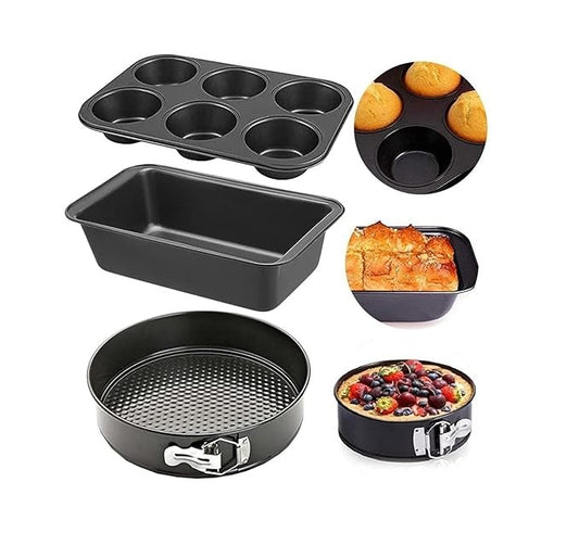 Pack of 3 - Round Shape Cake Pan 6" - Bread Loaf Pan 6" And 6 Slot Cup Cake Muffin Tray - Cake Baking and Decoration Tools - Black Carbon Steel - Non stick Mold